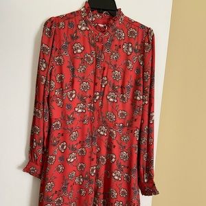 LOFT Size 4 Red Floral Dress with Ruffle Neck and Sleeve Detailing